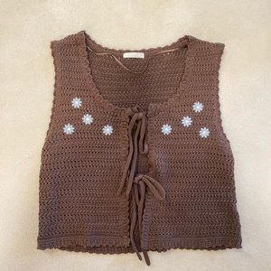 Daisy Crochet Embroidered Brown Summer Tie Top